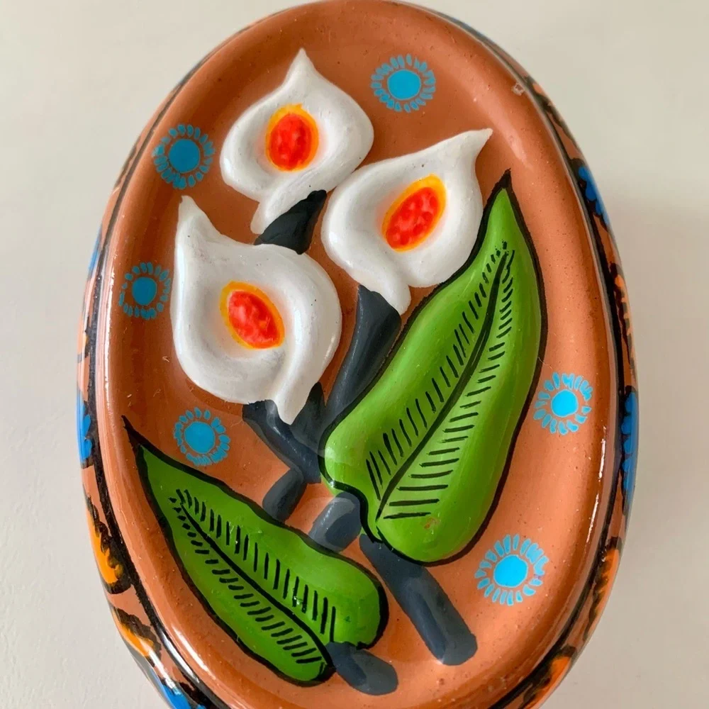 HAND PAINTED MEXICAN RED CLAY POTTERY FOLK ART OBLONG BOX CALLA LILY